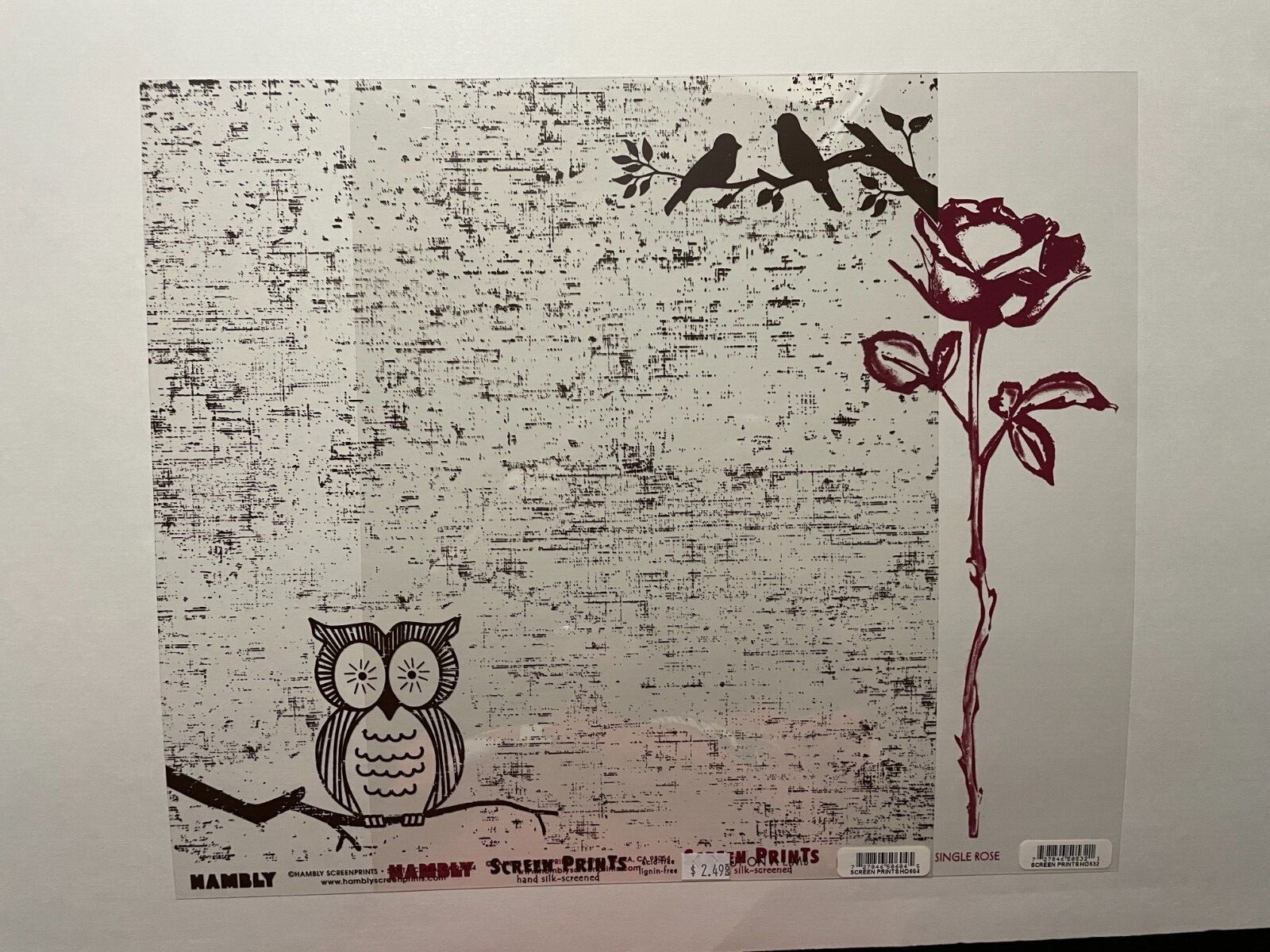HAMBLY 12X12 SCREEN PRINTS OVERLAYS - OWL ON A LIMB & SINGLE ROSE