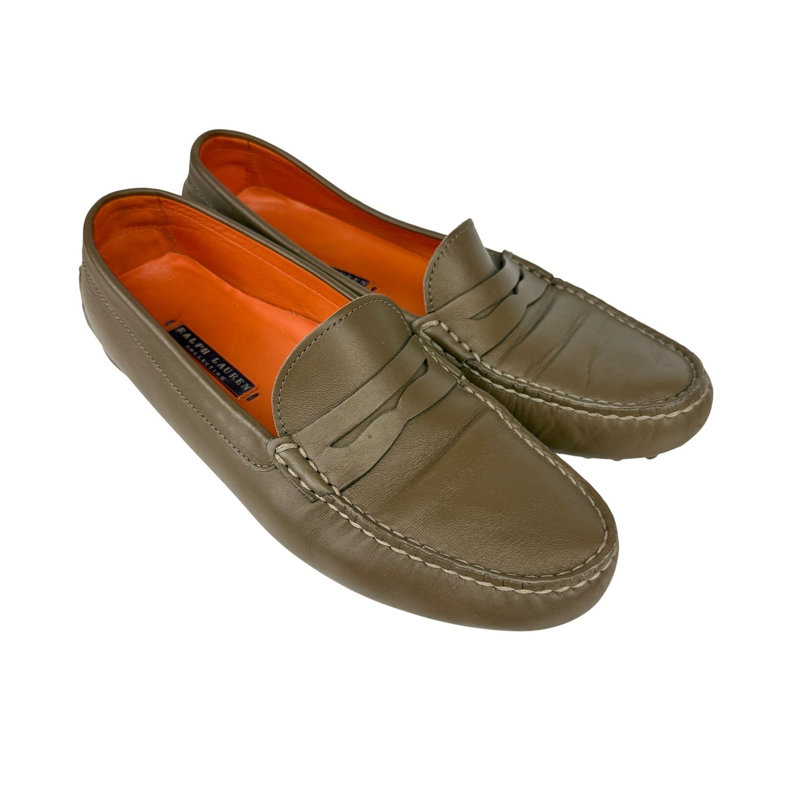 RALPH LAUREN Purple Label Brown Olive Green Leather Driving Loafers 39.5