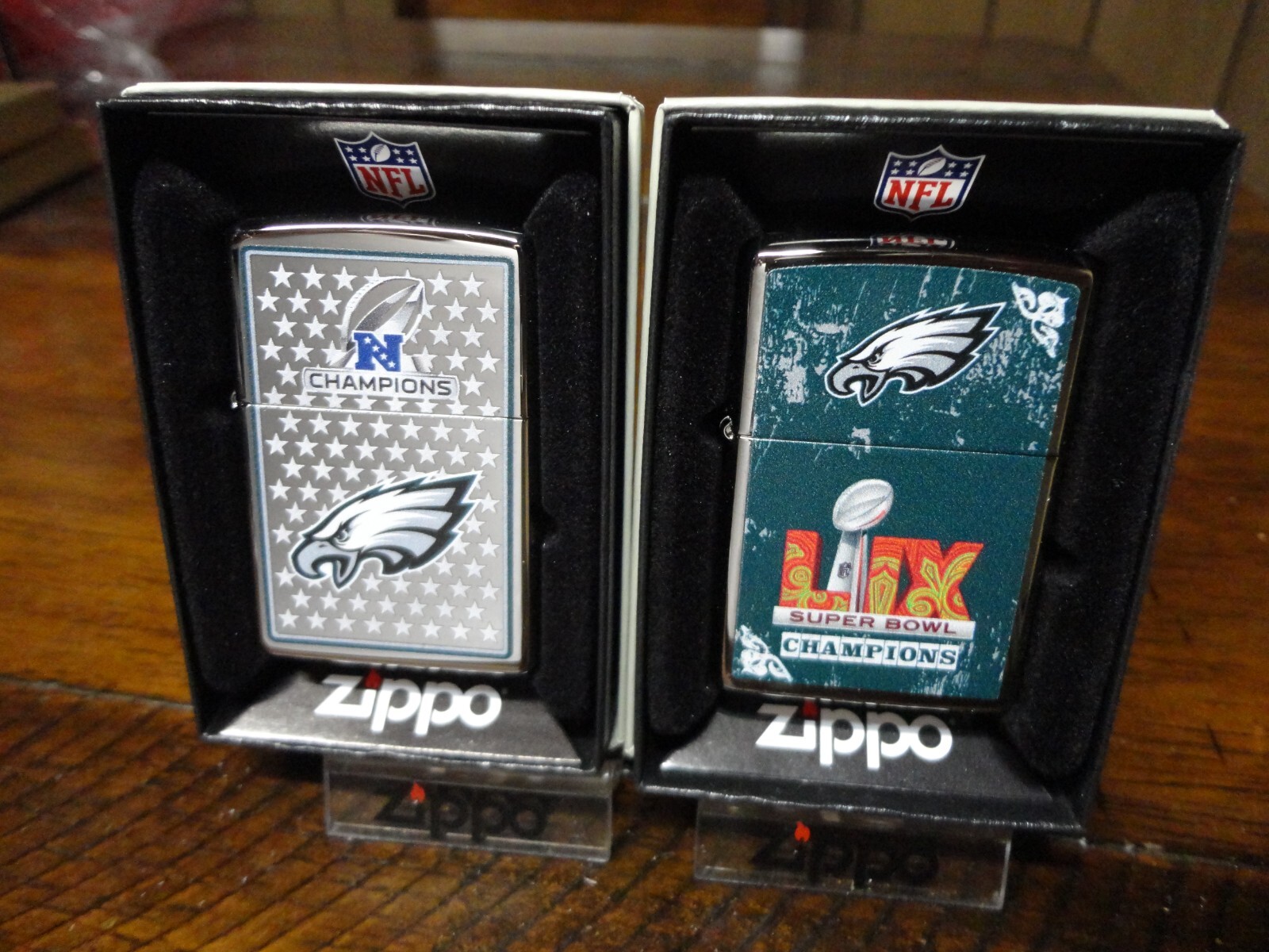 PHILADELPHIA EAGLES SUPER BOWL LIX 59 CHAMPIONS & NFC CHAMPS ZIPPO LIGHTER SET