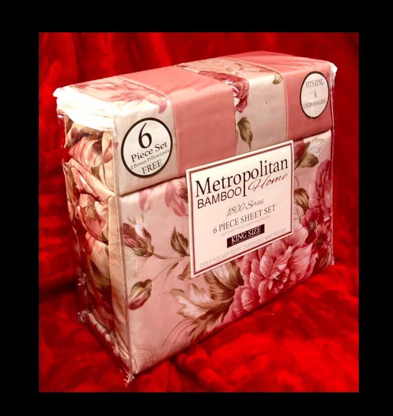 METROPOLITAN BAMBOO 1800 SERIES 6pc SHEET SET KING SIZE, 2 free pillowcases,