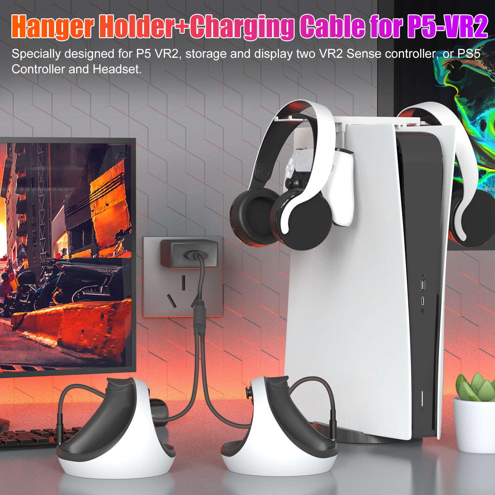 2in1 Gaming Headset Hanger for PSVR2 PS5 Controller Accessories w/Charging Cable