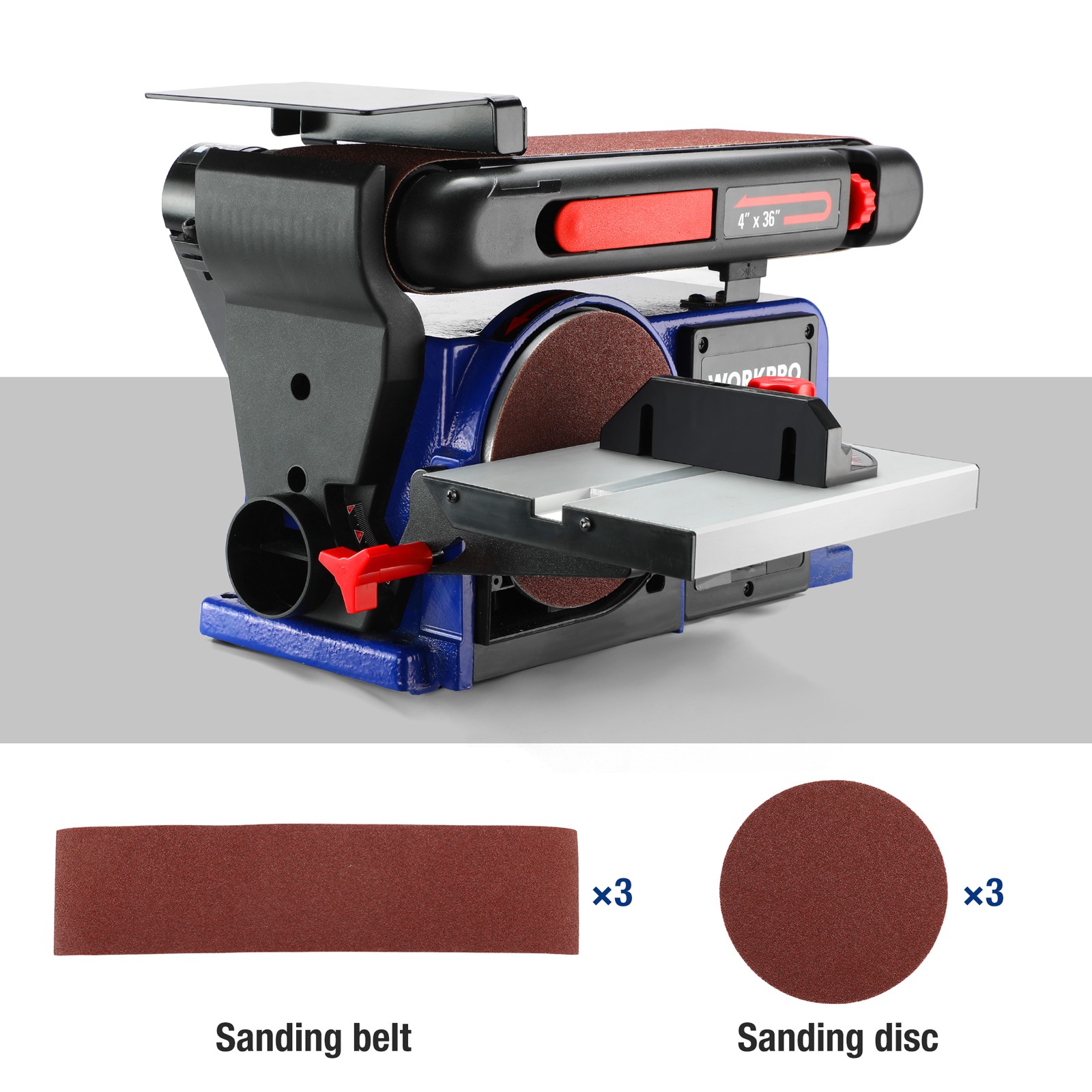 WORKPRO 1/2 HP Belt Disc Sander 4in.x36in. Belt &6in. Disc Sander 6PCS Sandpaper