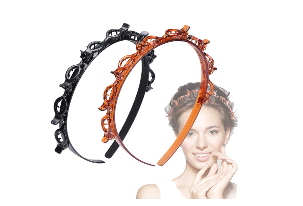 JASSINS 2-Piece Bangs Hairstyle Hairpin Headband - Toothed Weave Clip, Black & B
