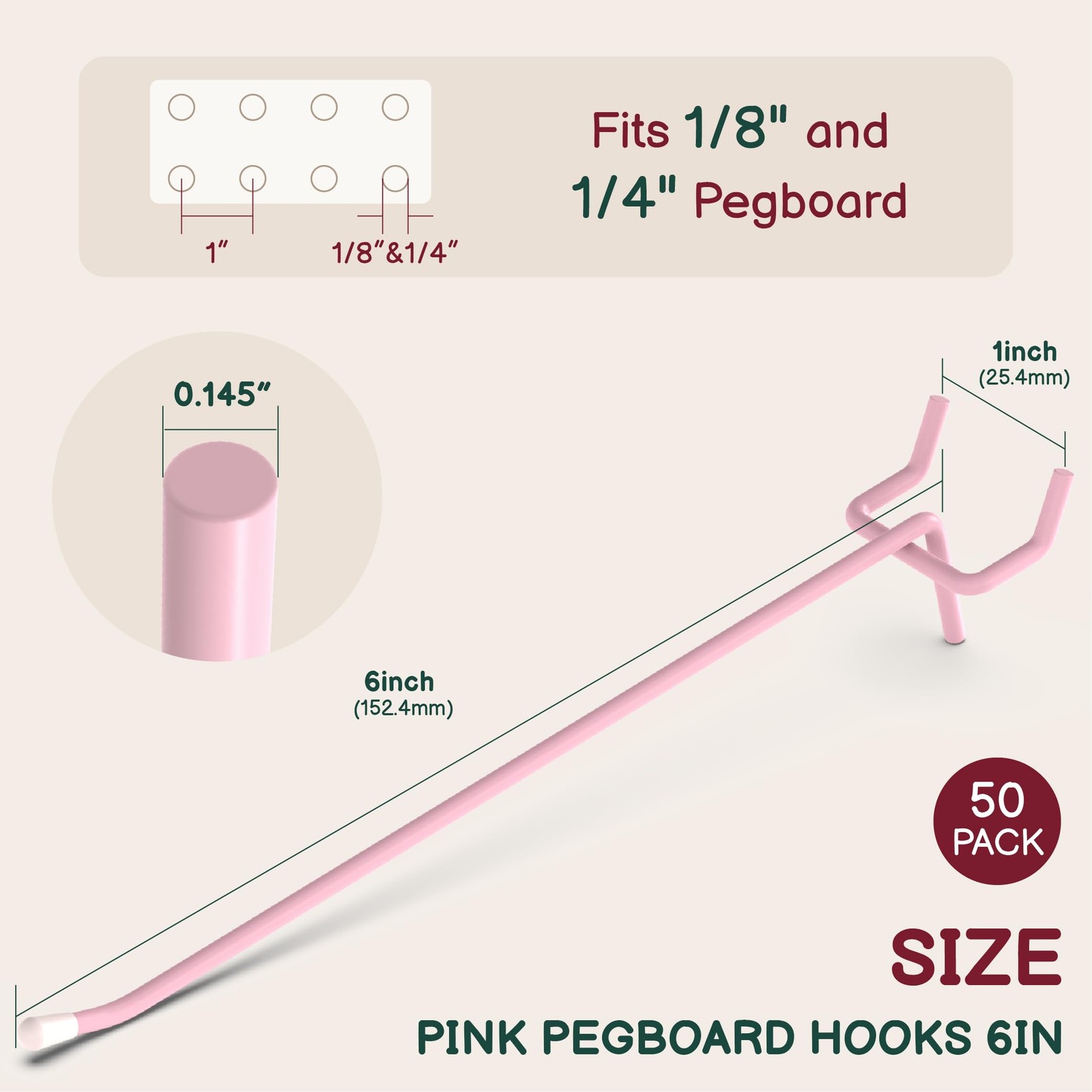 XINGNEST Pink Pegboard Hooks 6 Inch