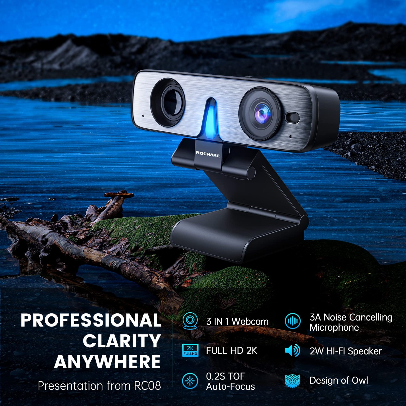 ROCWARE RC08 2K Webcam with Speaker, for PC, HD Web Cam Black