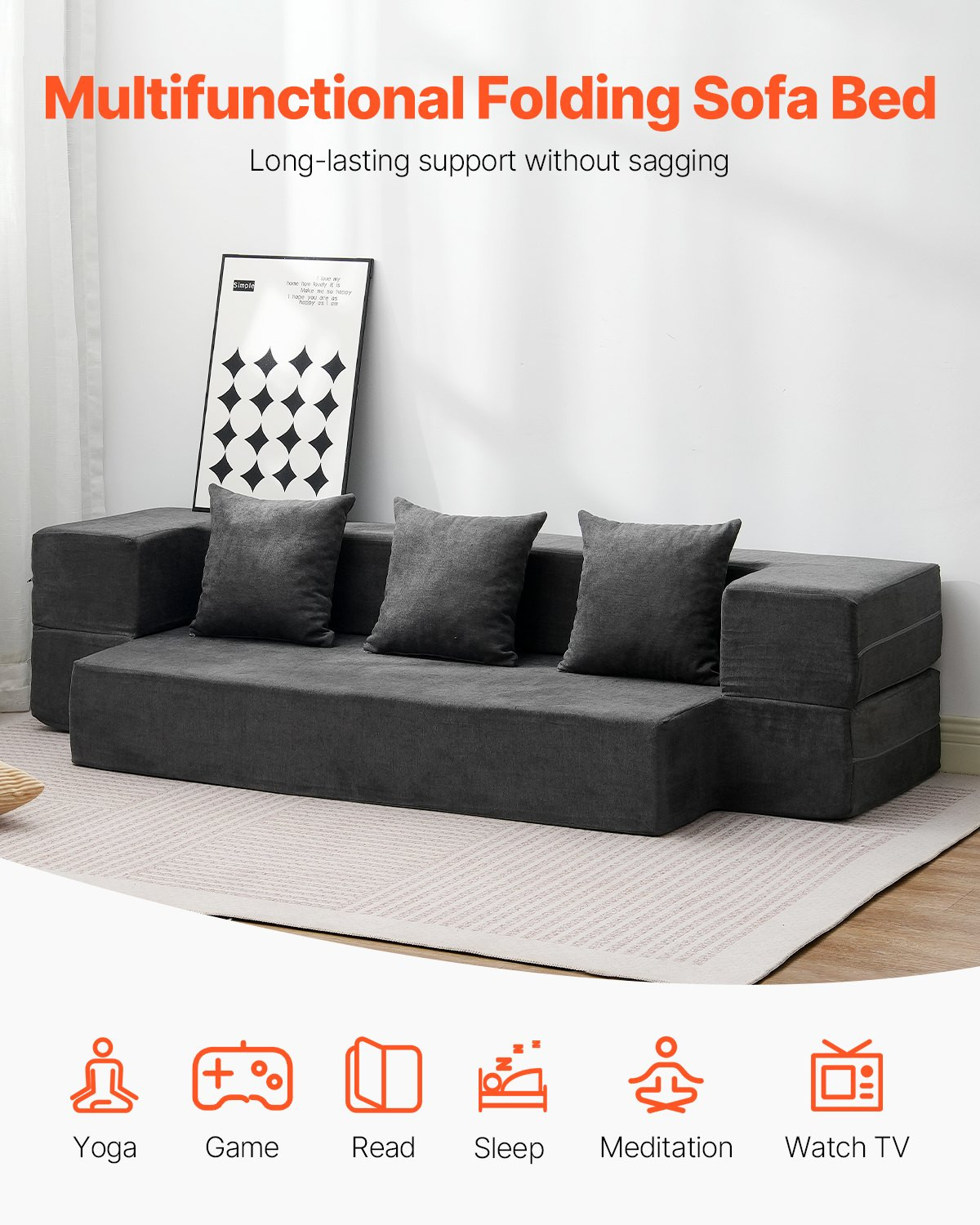 Folding Sofa Bed 3-in-1 Foldable Couch Bed with 3 Pillows Dark Grey Twin