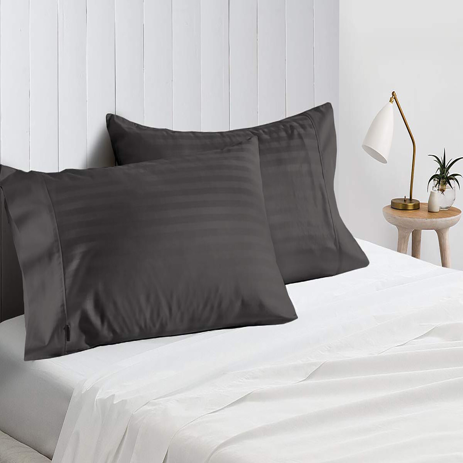 4 PCs Pillow Case Set 600 TC Egyptian Cotton Gray Stripes Queen Size