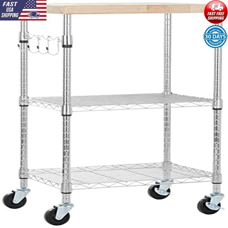 Adjustable Kitchen Storage Cart Wood Chrome Shelves 175lb Capacity 24x15x36 New