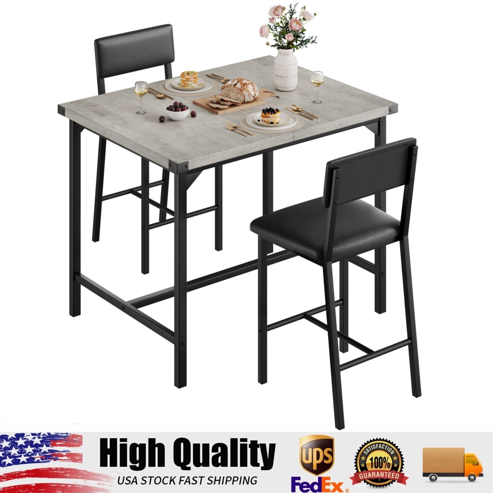 Dining Table and Chair Set for 2, Wooden Kitchen Table with 2 Upholstered Chairs