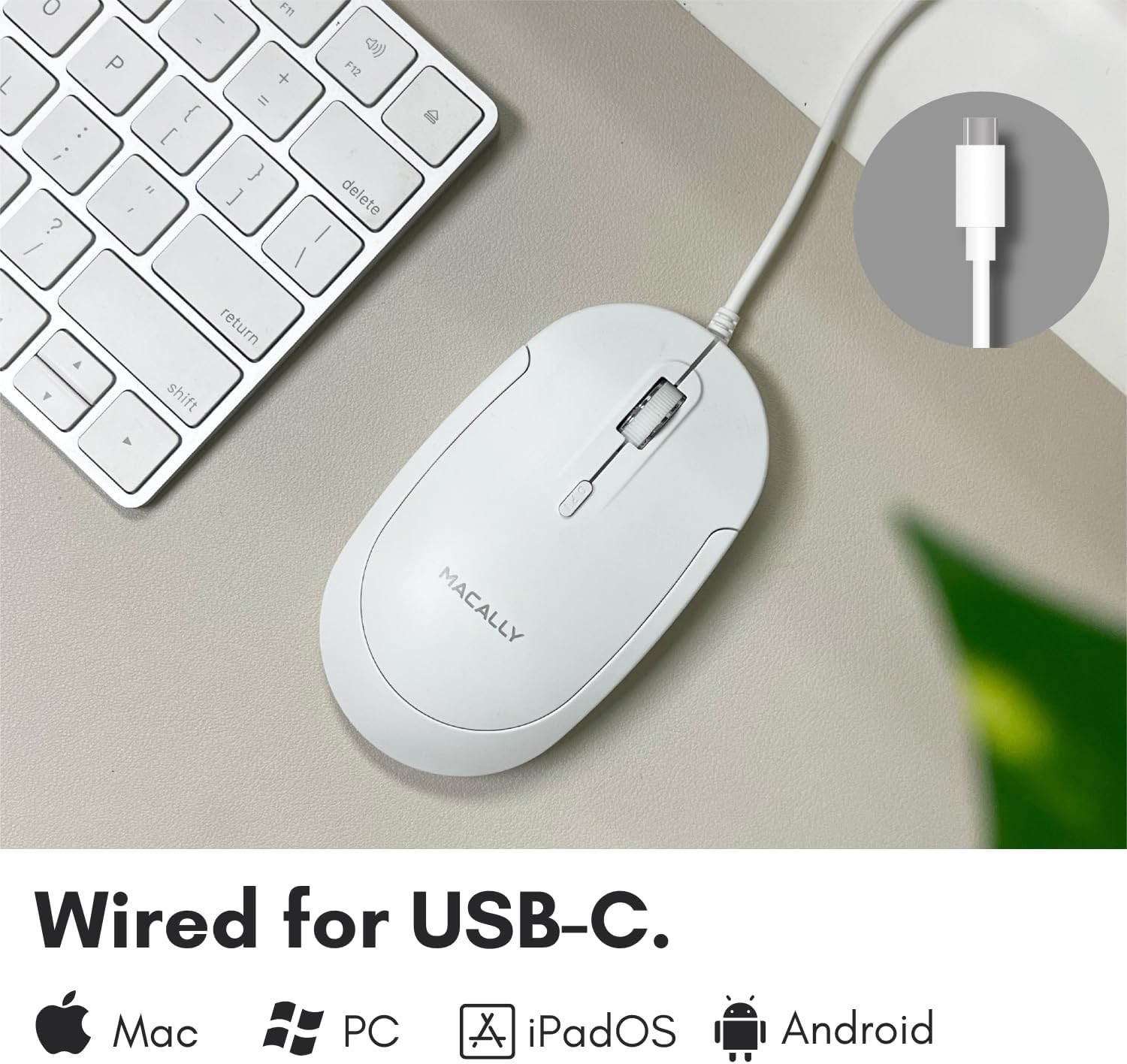 Macally Wired USB C Mouse for Mac and PC - Slim, Quiet, and Reliable - Type C Mo