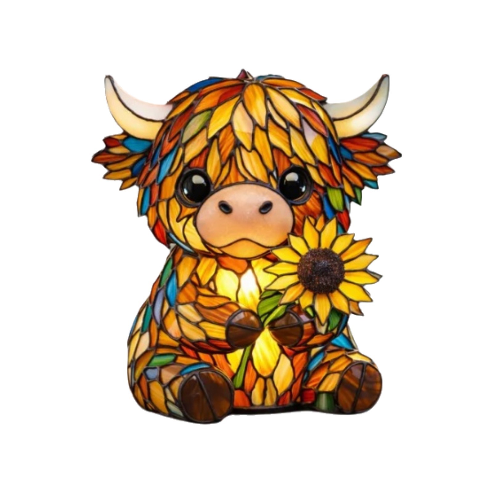 Stained Glass Highland Cow Night Light Cute Sunflower Companion Lamp