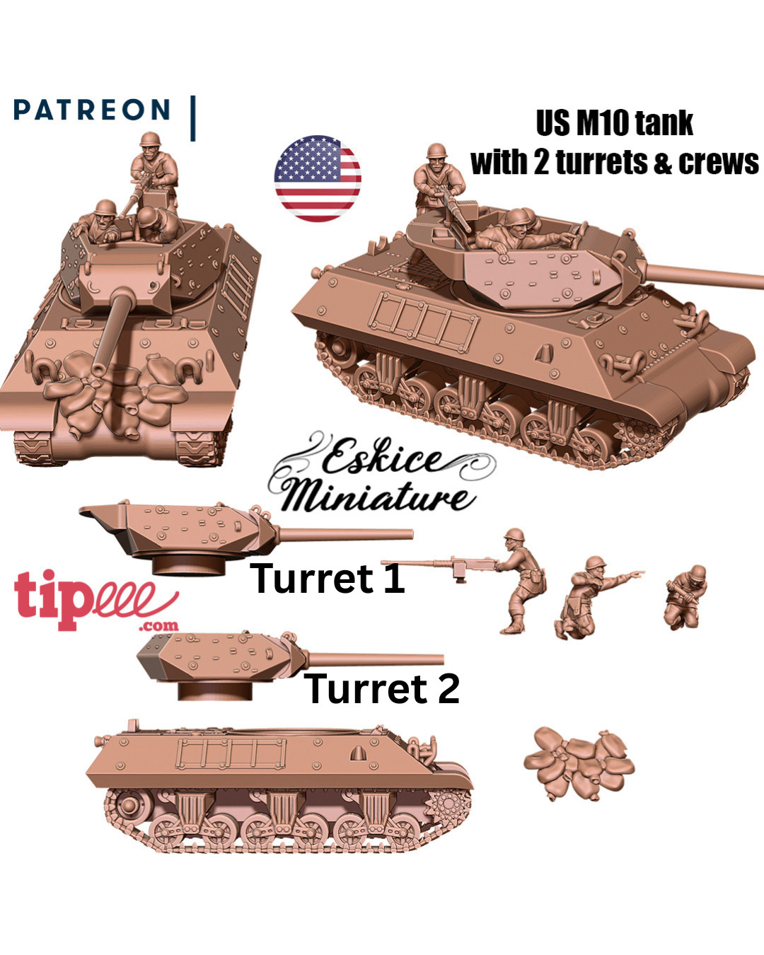 Eskice Miniature WW2 US M10 Wolverine Tank Destroyer WWII Bolt Action 15 20 28mm