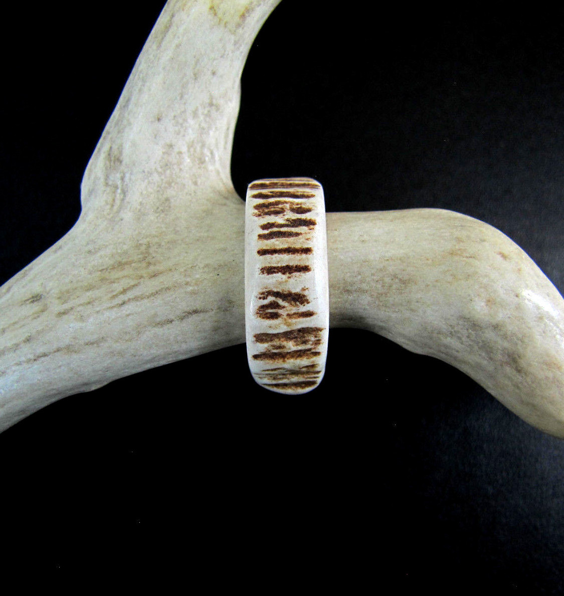 BROWN HANDCRAFTED OOAK SHED DEER, ELK ANTLER RING,SIZE 15, R-475