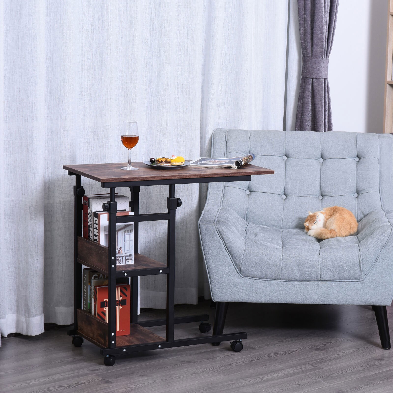 C-Shaped Mobile Sofa Bed Side Table 3-Tier Storage Shelving Cart Adjust Height