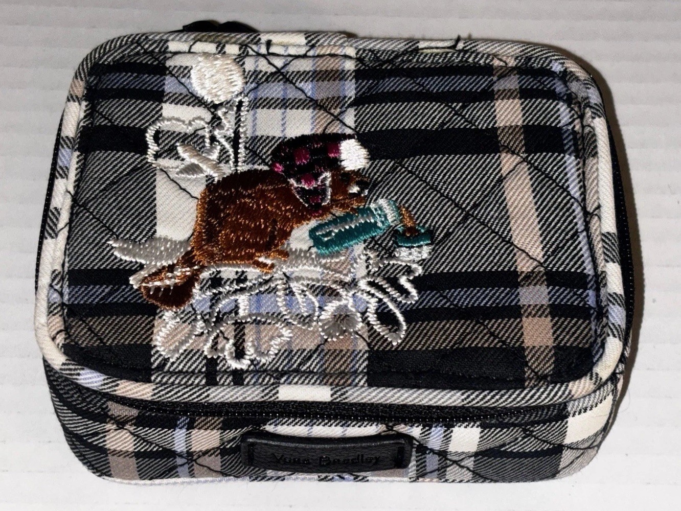 Vera Bradley Cozy Plaid Neutral Travel Pill Case Embroidered Beaver, NWT