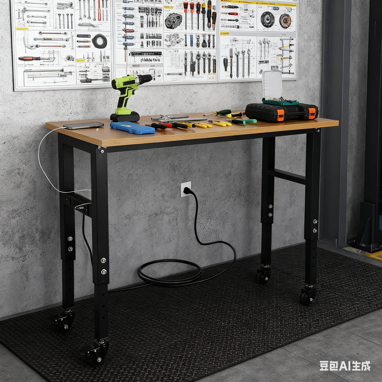 Adjustable 48" Workbench Heavy Duty Garage Table with Power Outlet for Workshop