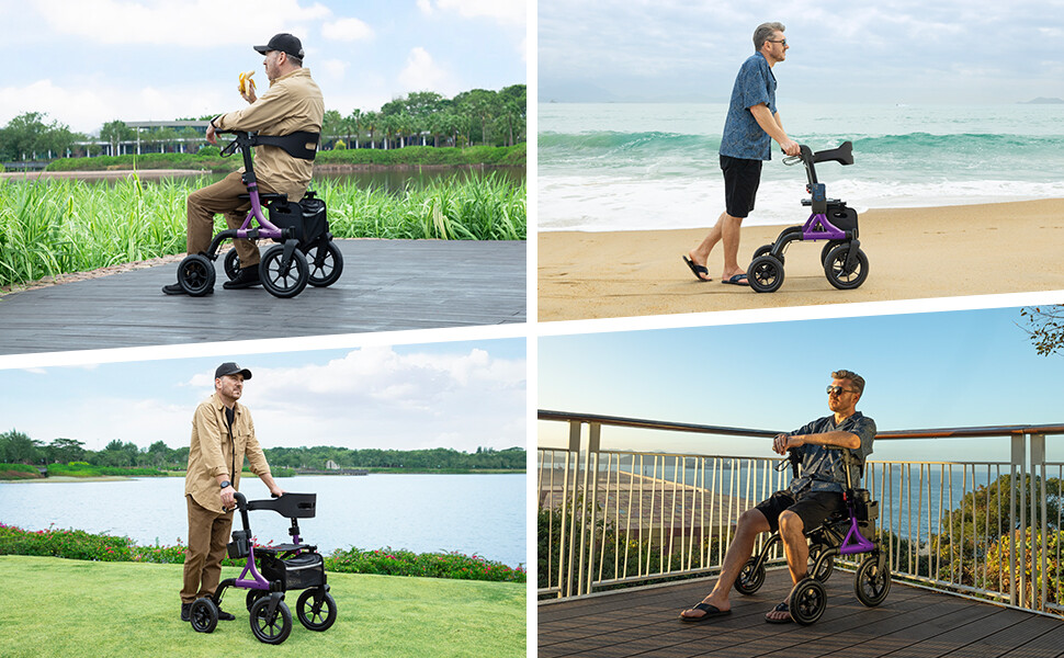 Rollator Walker for Seniors 12" Big Rubber Wheels, Height Adjustment for 5-6.5ft