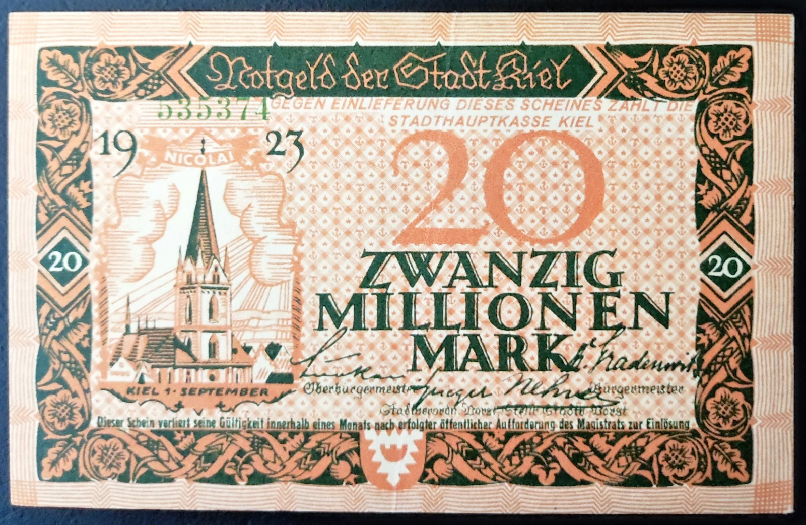 Germany 1923 - Notgeld: Kiel (Schleswig-Holstein) - 20 million Mark