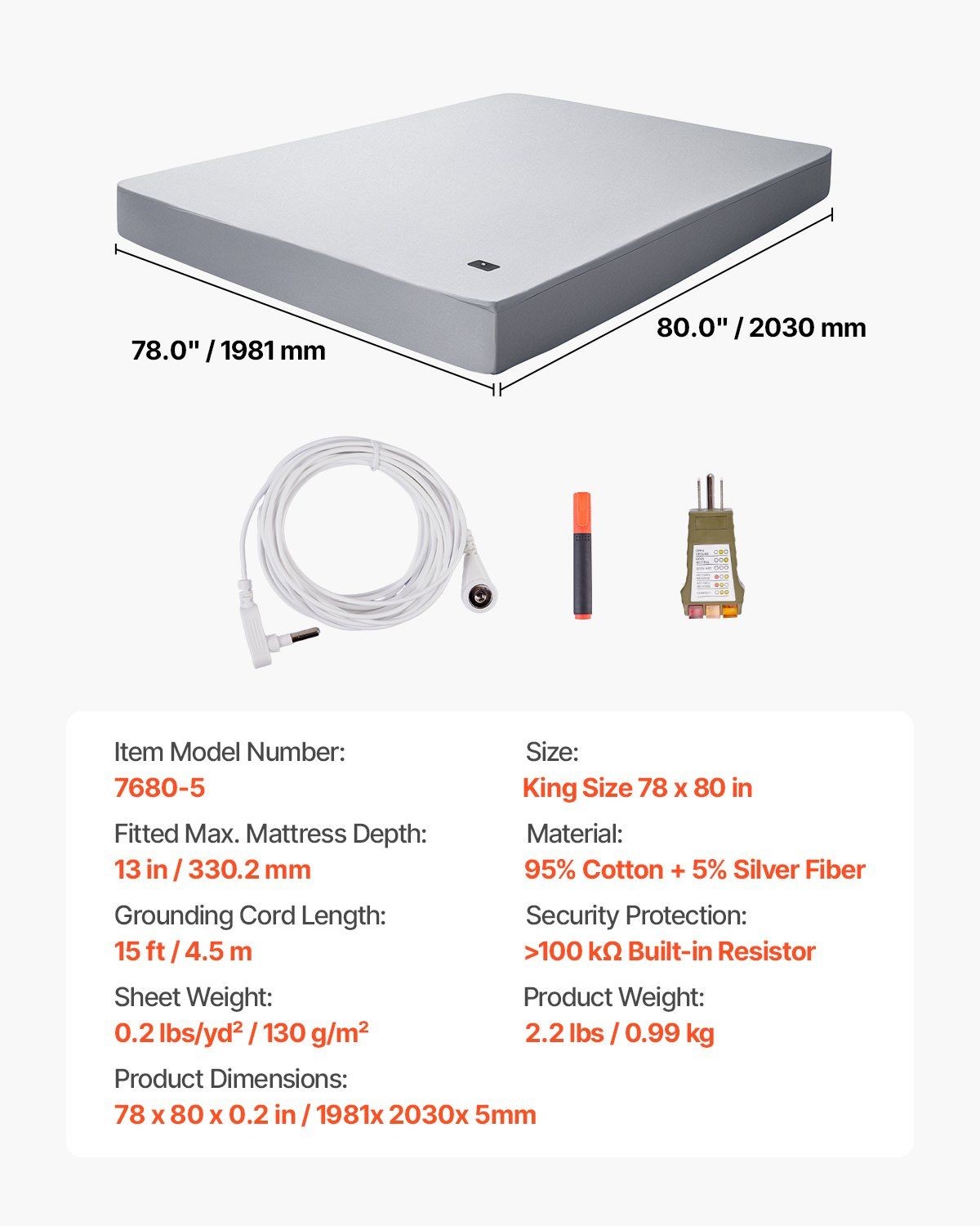 Safe Grounding Sheet with Resistor King 95% Cotton 5% Silver 78x80in