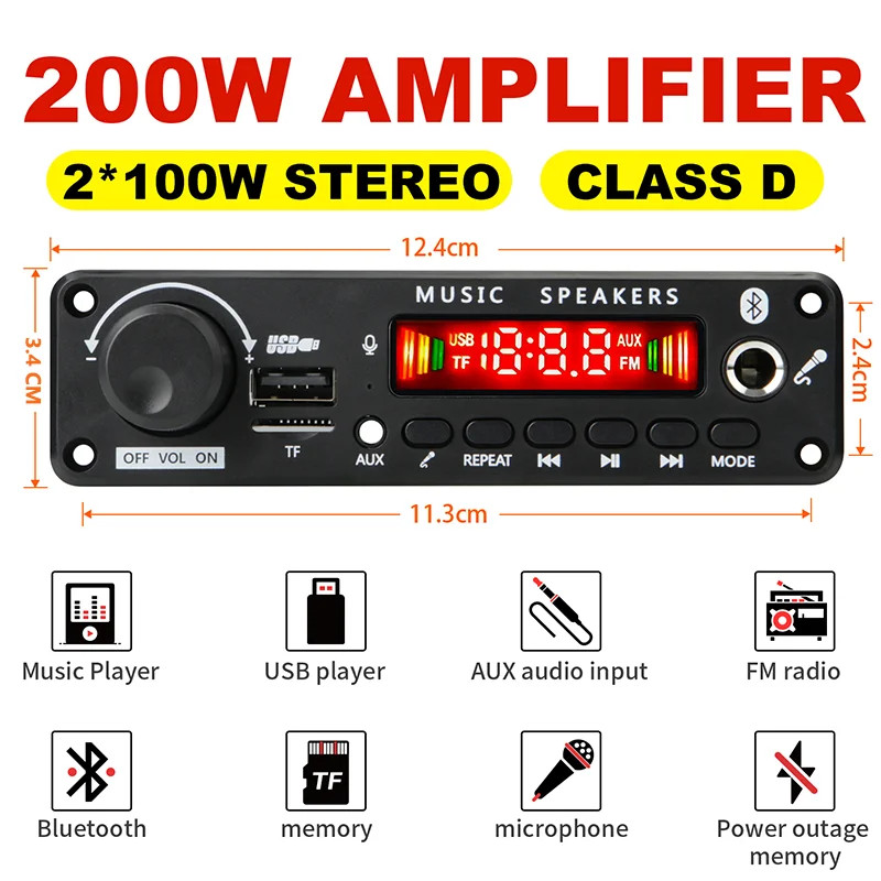 200W Bluetooth Amplifier DIY MP3 WAV Decoder Board - Wireless 12V Power