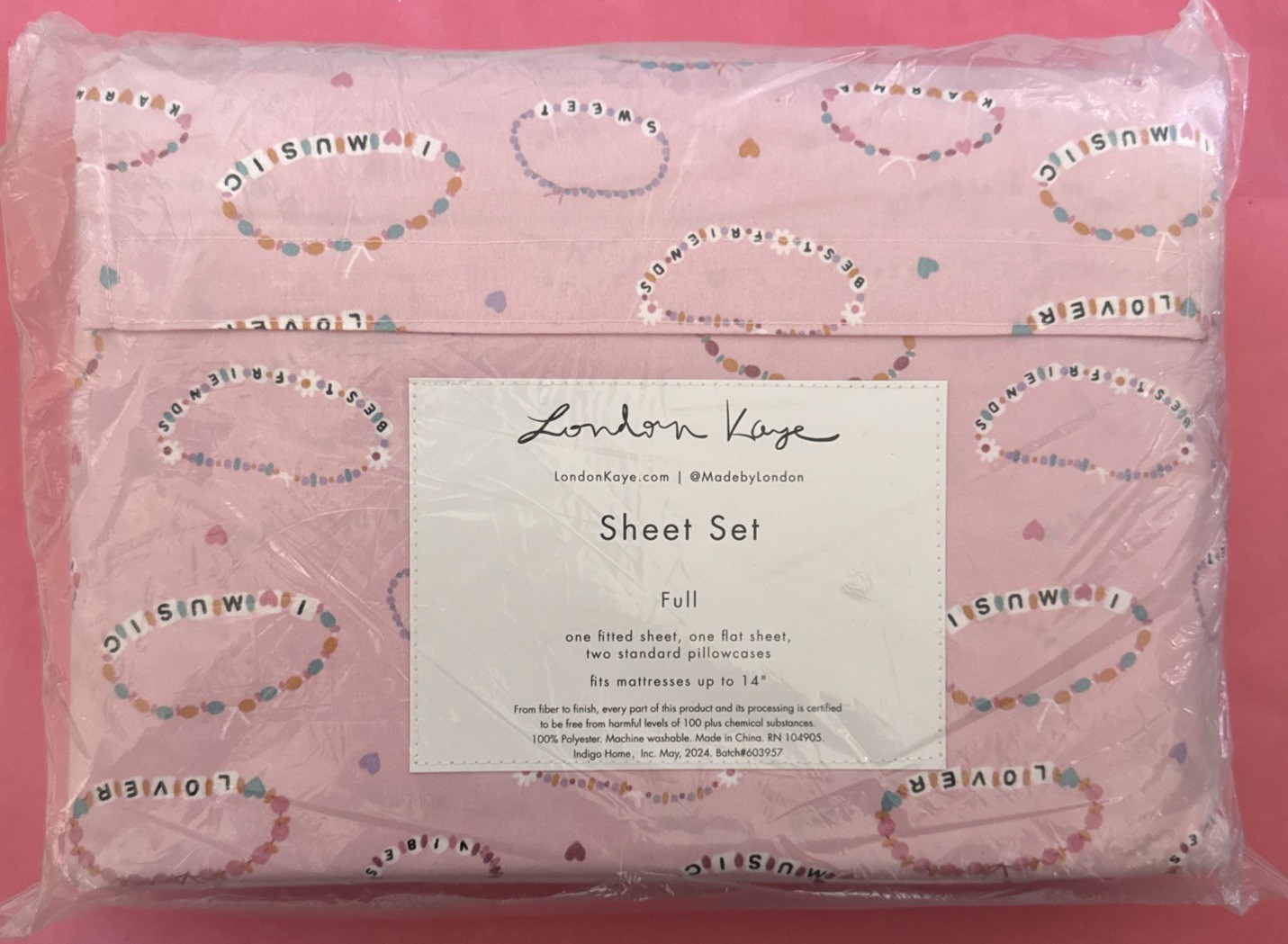 NEW!  LONDON KAYE SWIFTY PINK FRIENDSHIP BRACELET FULL SIZE SHEET SET (NEW)