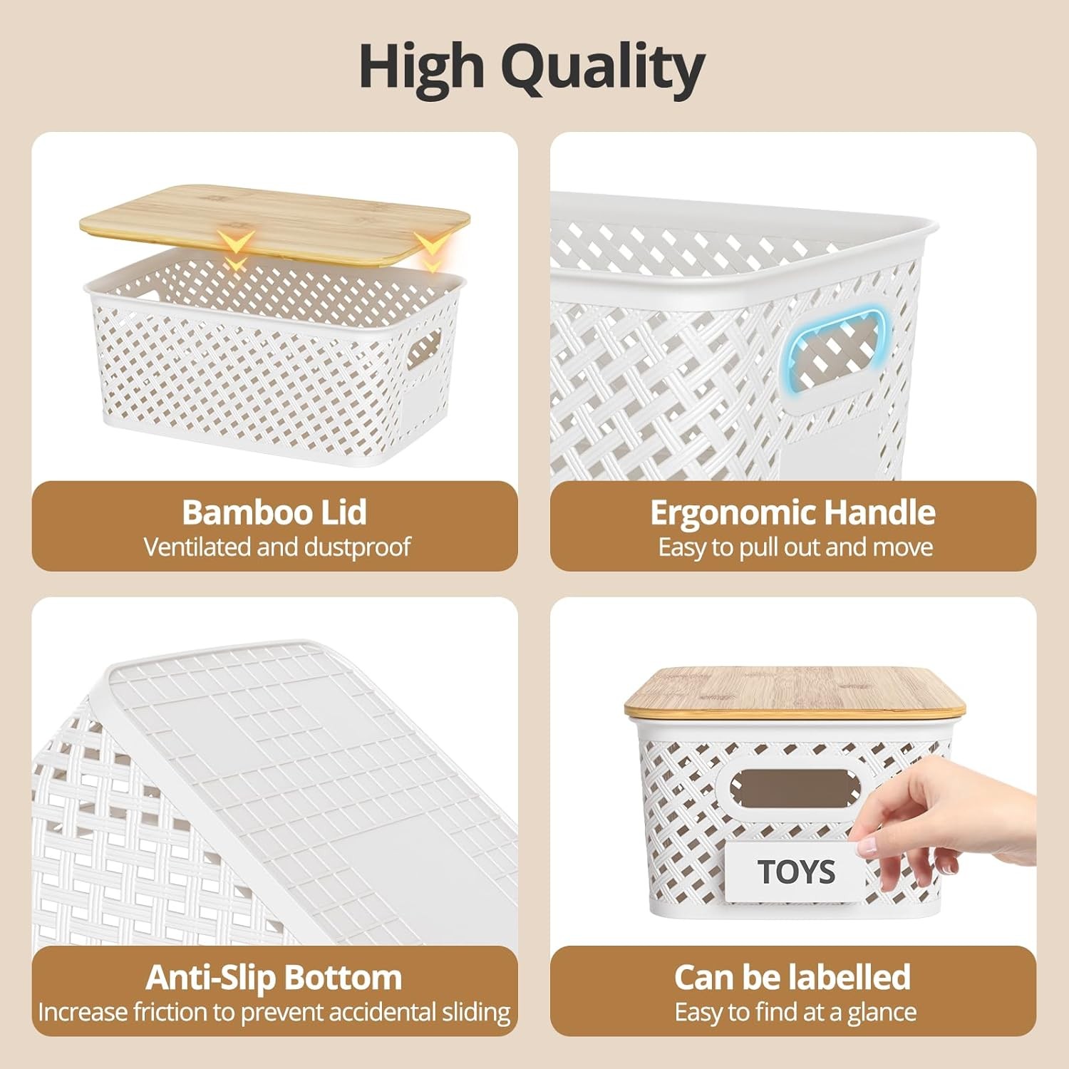 6 Pack Plastic Storage Bins W/ Bamboo Lids Stackable Small Box Baskets Container