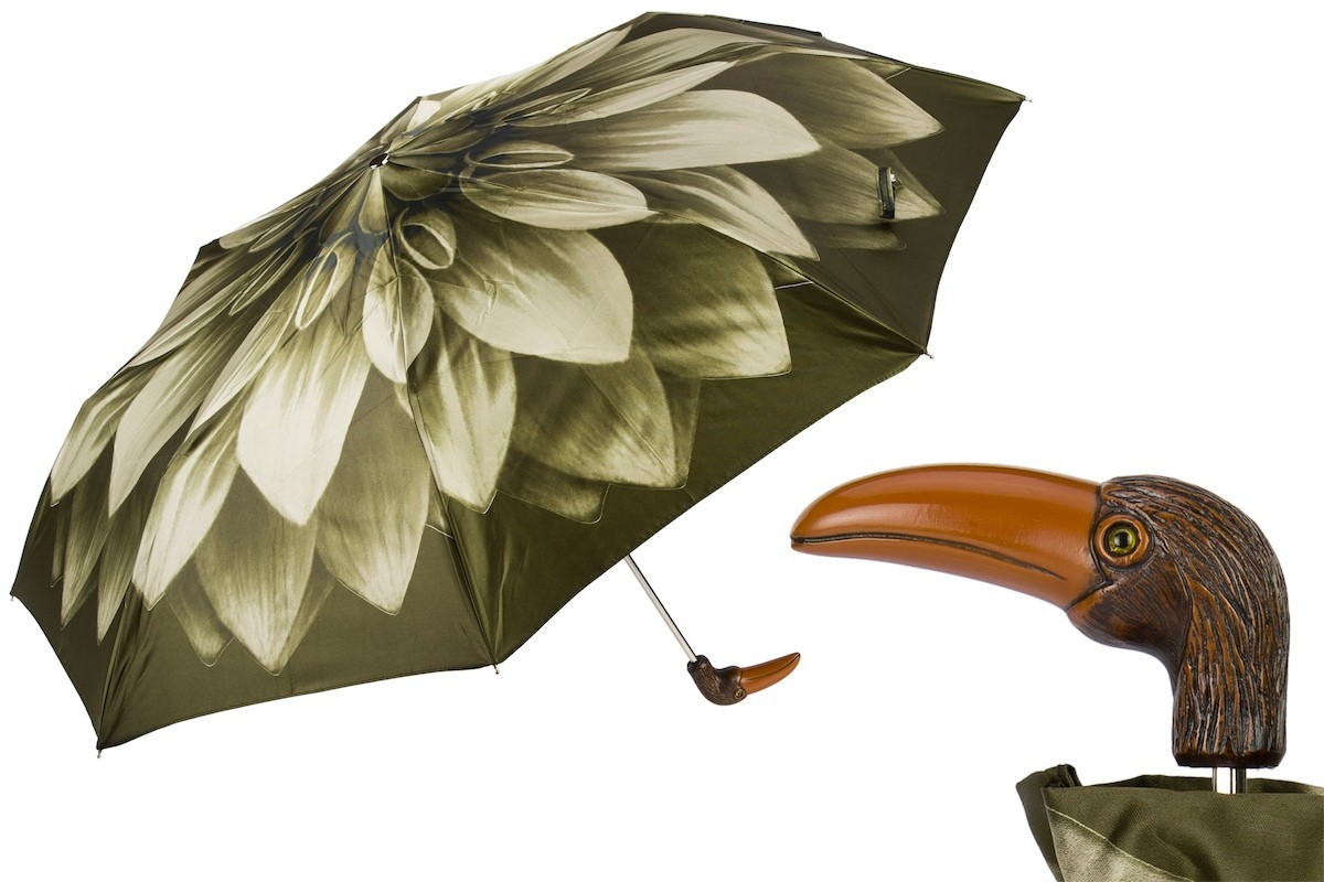 Pasotti Green Flower Toucan Folding Umbrella Gift Box included New