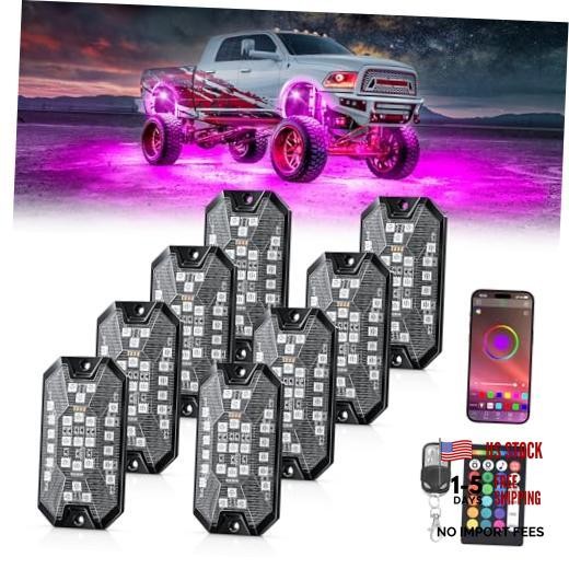 RGB Rock Lights Underglow Neon Lights Kits，APP/RF Remote Control & 8 pods 5MRGB