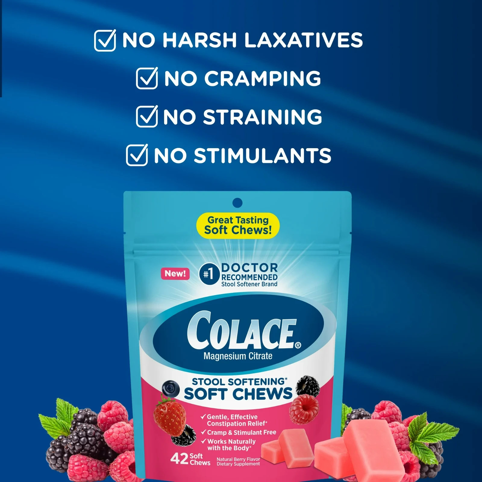 Colace Stool Softener Soft Chews Gentle Constipation Relief 42 Mixed Berry Chews