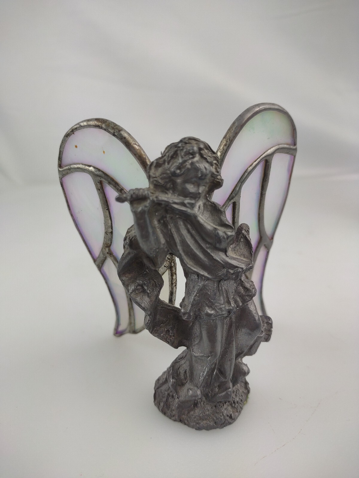 Standing Angel with Ribbon Hand Cast metal Sculpture with stain glass wings
