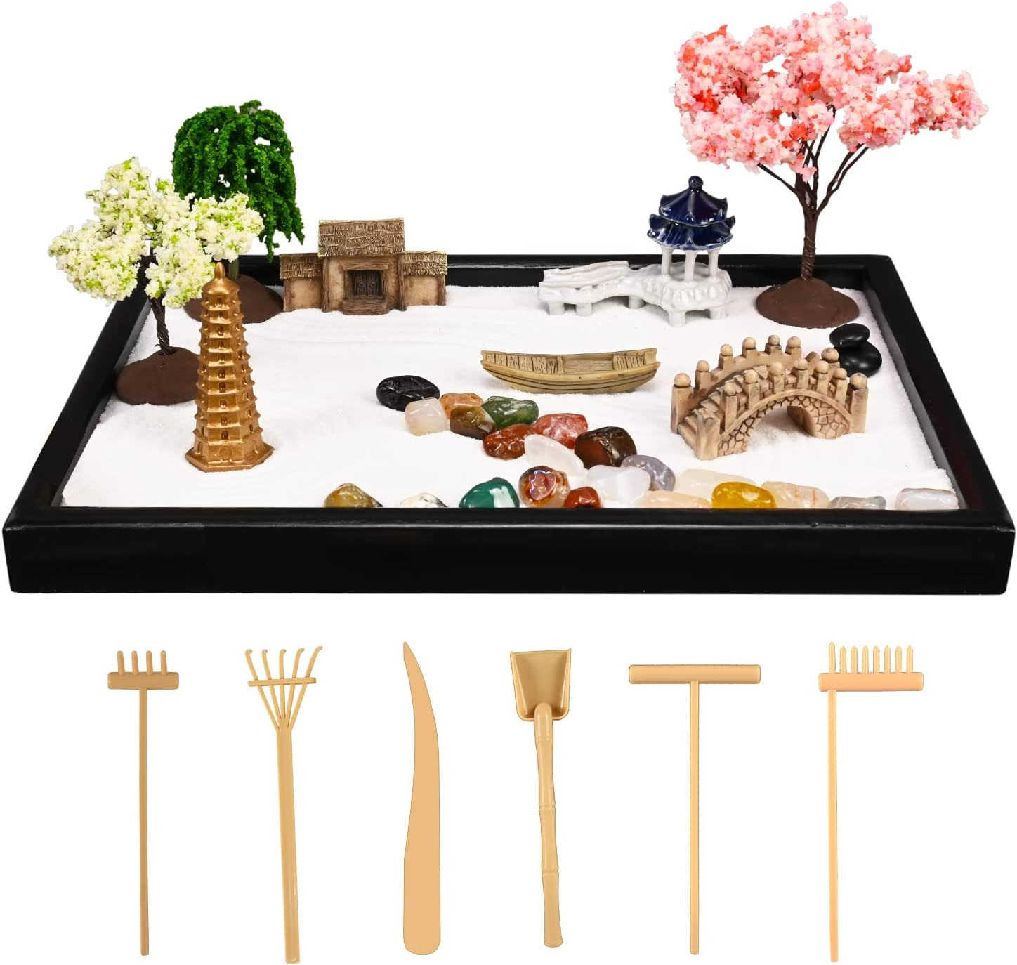 Rectangular Mini Zen Garden with White Sand and Meditation Accessories, 10" x 7