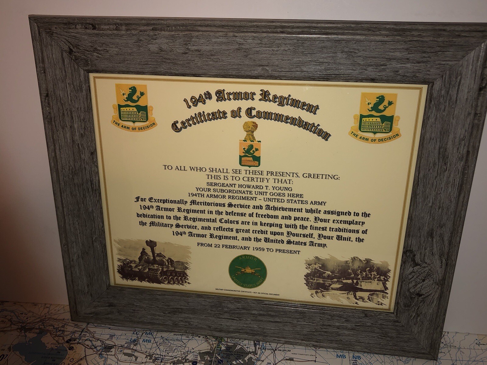194TH ARMORED REGIMENT / COMMEMORATIVE - CERTIFICATE OF COMMENDATION