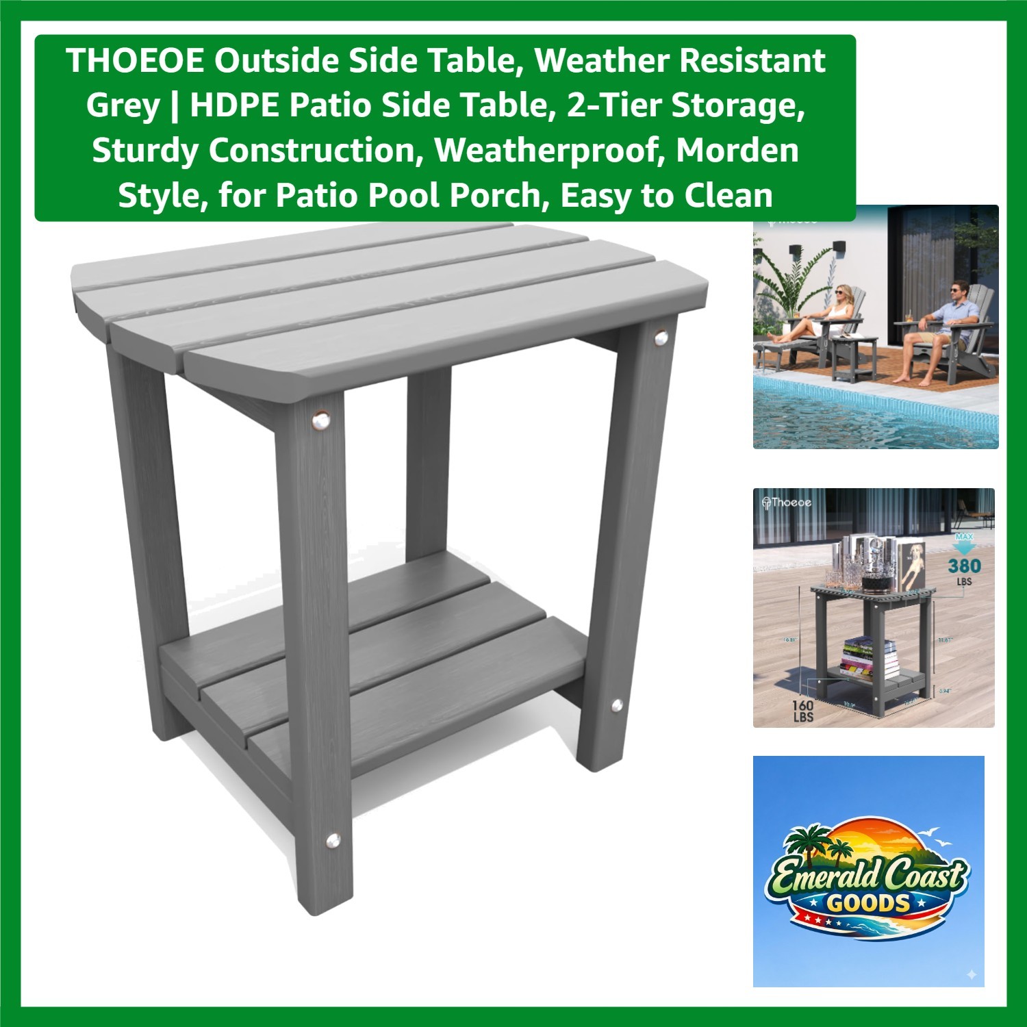 Outside Side Table, Weather Resistant Grey | HDPE Patio Side Table, 2-Tier St...