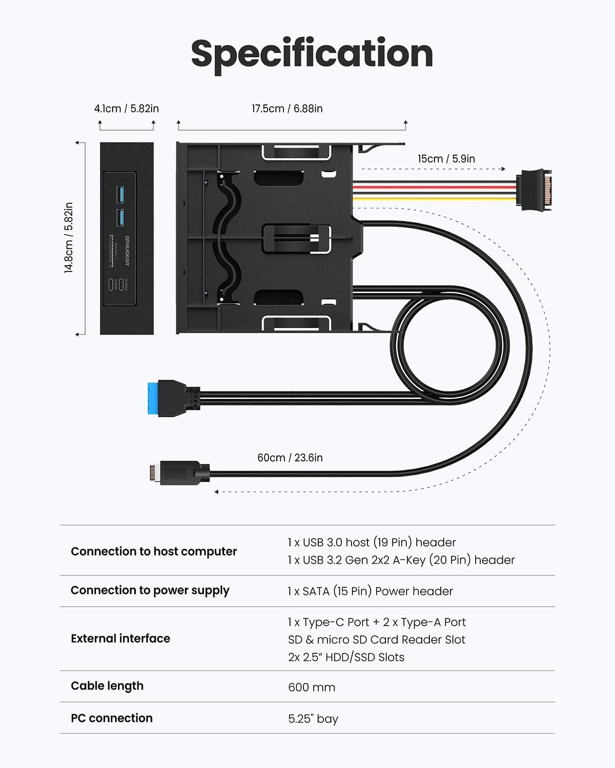 5.25” Front Panel USB Hub, Internal Sd/Microsd Card Reader for Desktop