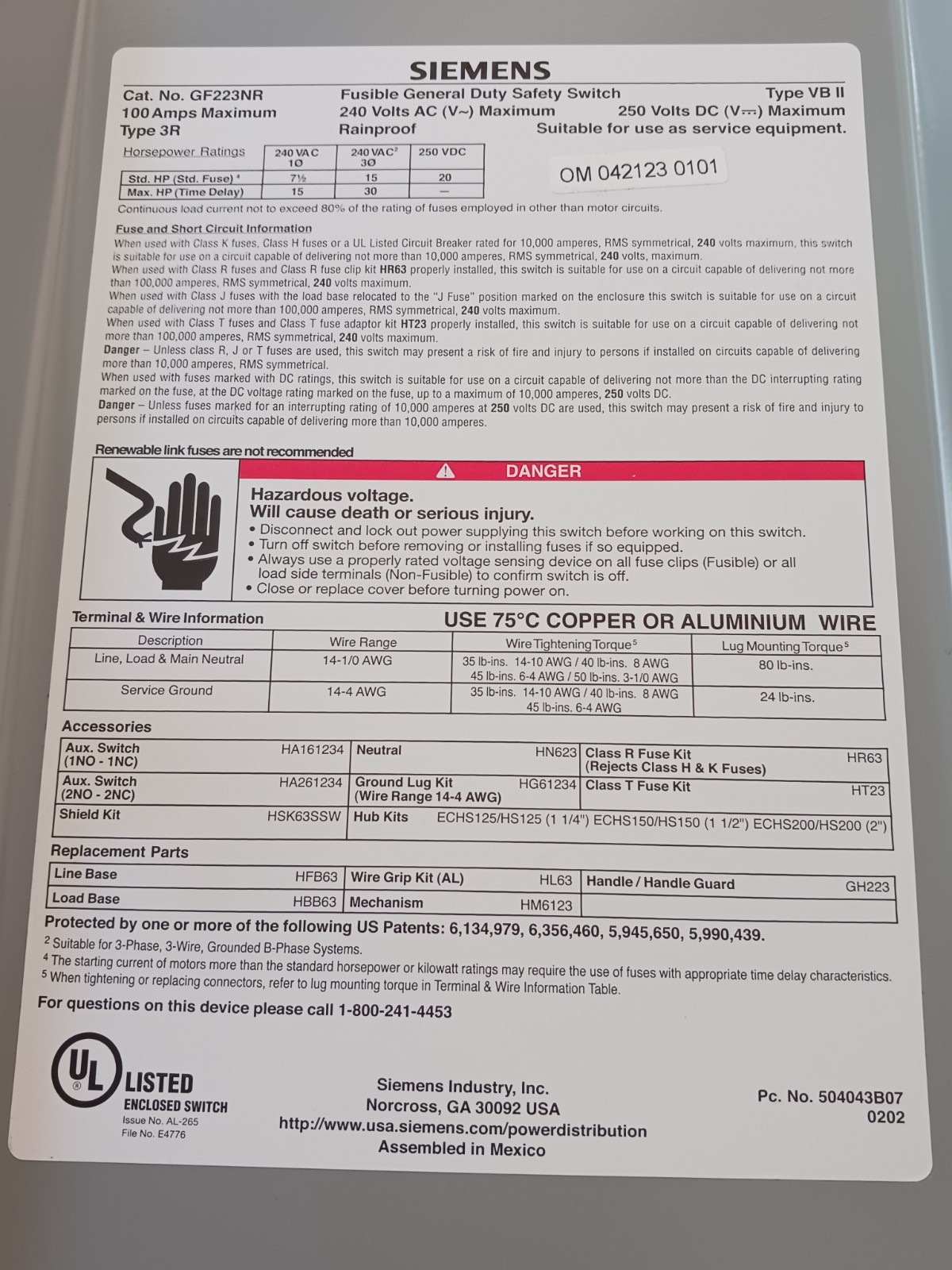 SIEMENS GF223NR / GF223NR (BRAND NEW) 100 amp disconnect