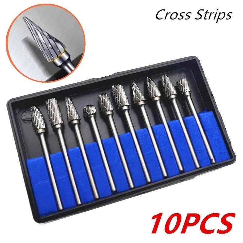 10pcs Carbide Burr Set 1/8" Shank Rotary Tool Rasp Bits for Metal Wood - NEW