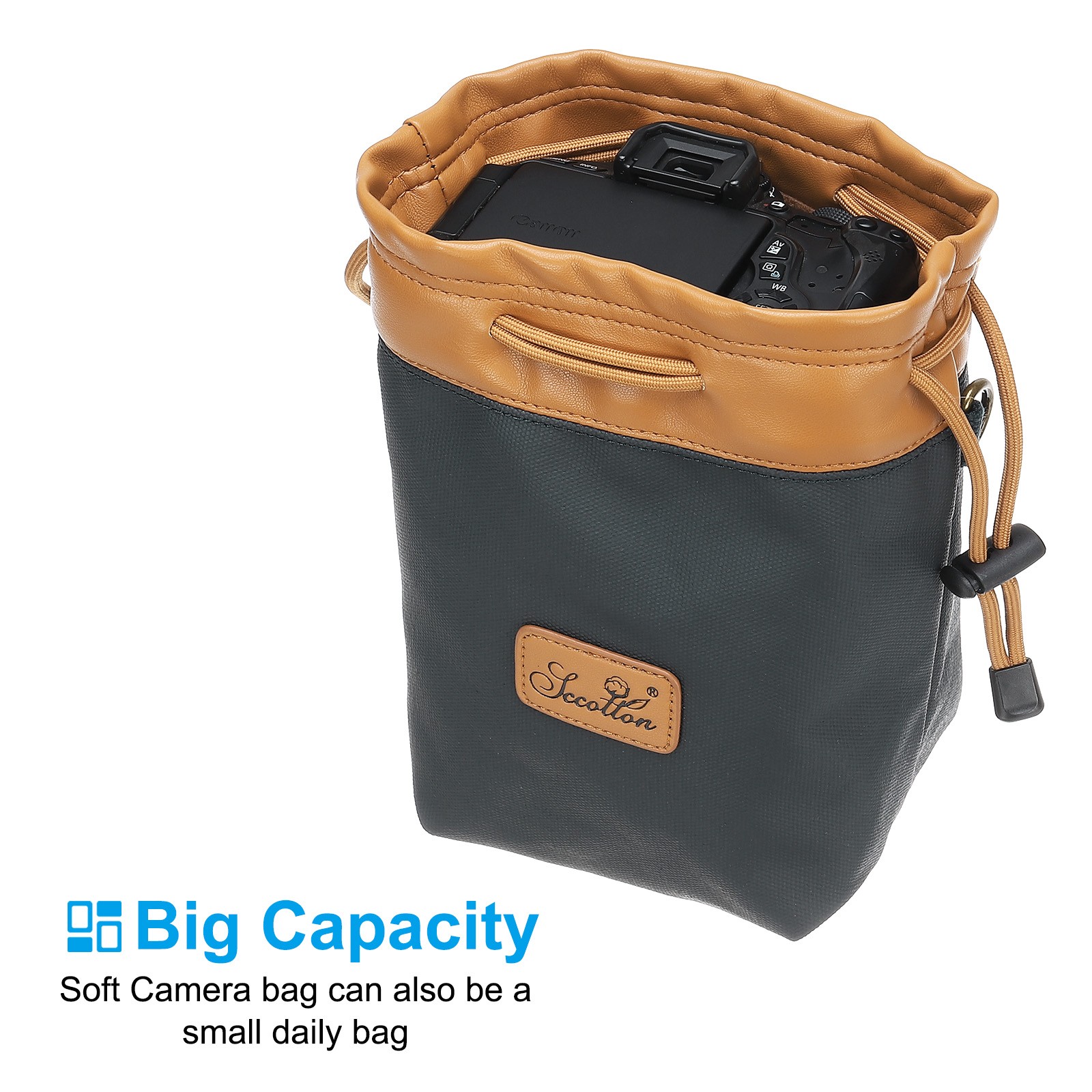 Soft Camera Bag, L Size Camera Drawstring Shoulder Bag with Hand Strap, Blue