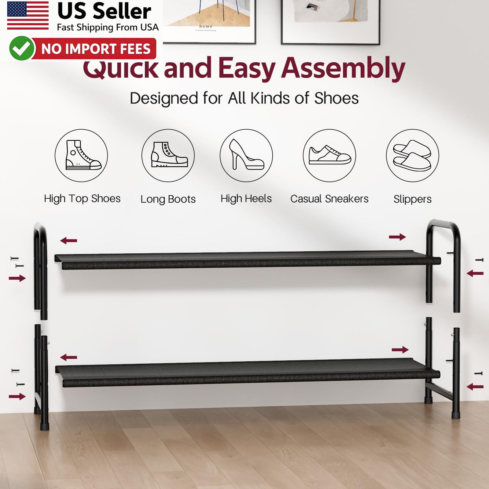 SLEEPING LAMB 2-Tier Long Shoe Organizer Stackable 18-Pairs Rack Black FROM USA