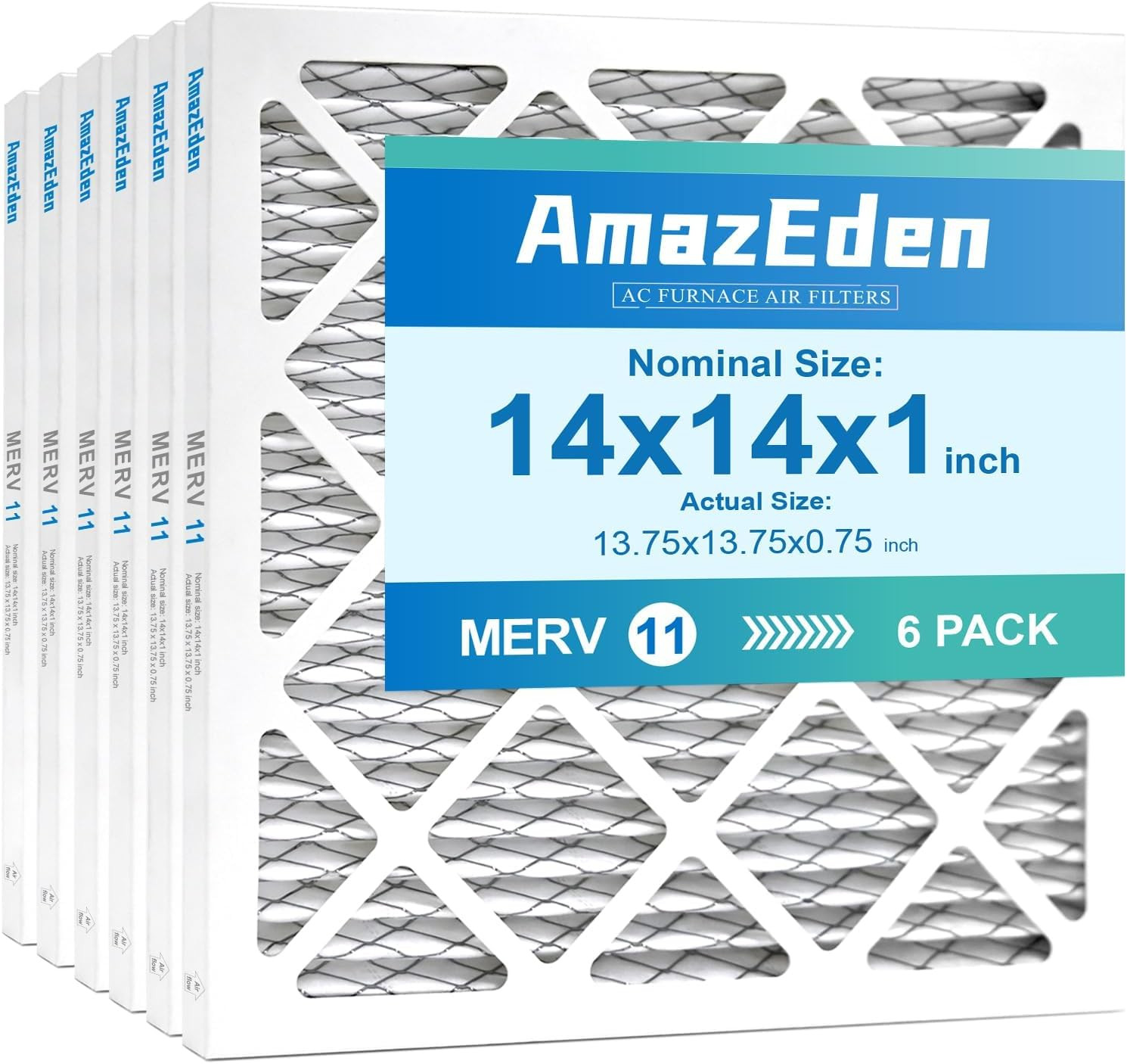 14X14X1 Air Filter MERV 11 (6-Pack) MPR 1000 FPR 7 AC HVAC Furnace Filters Pleat