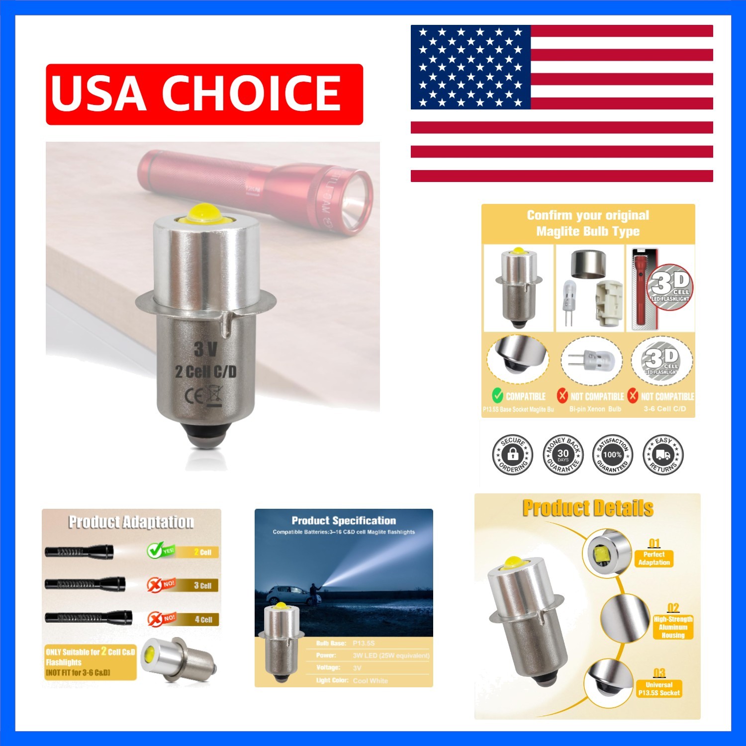 LED Conversion Kit for Maglite LED Bulb Only 2 Cells C&D Maglight Flashlights...