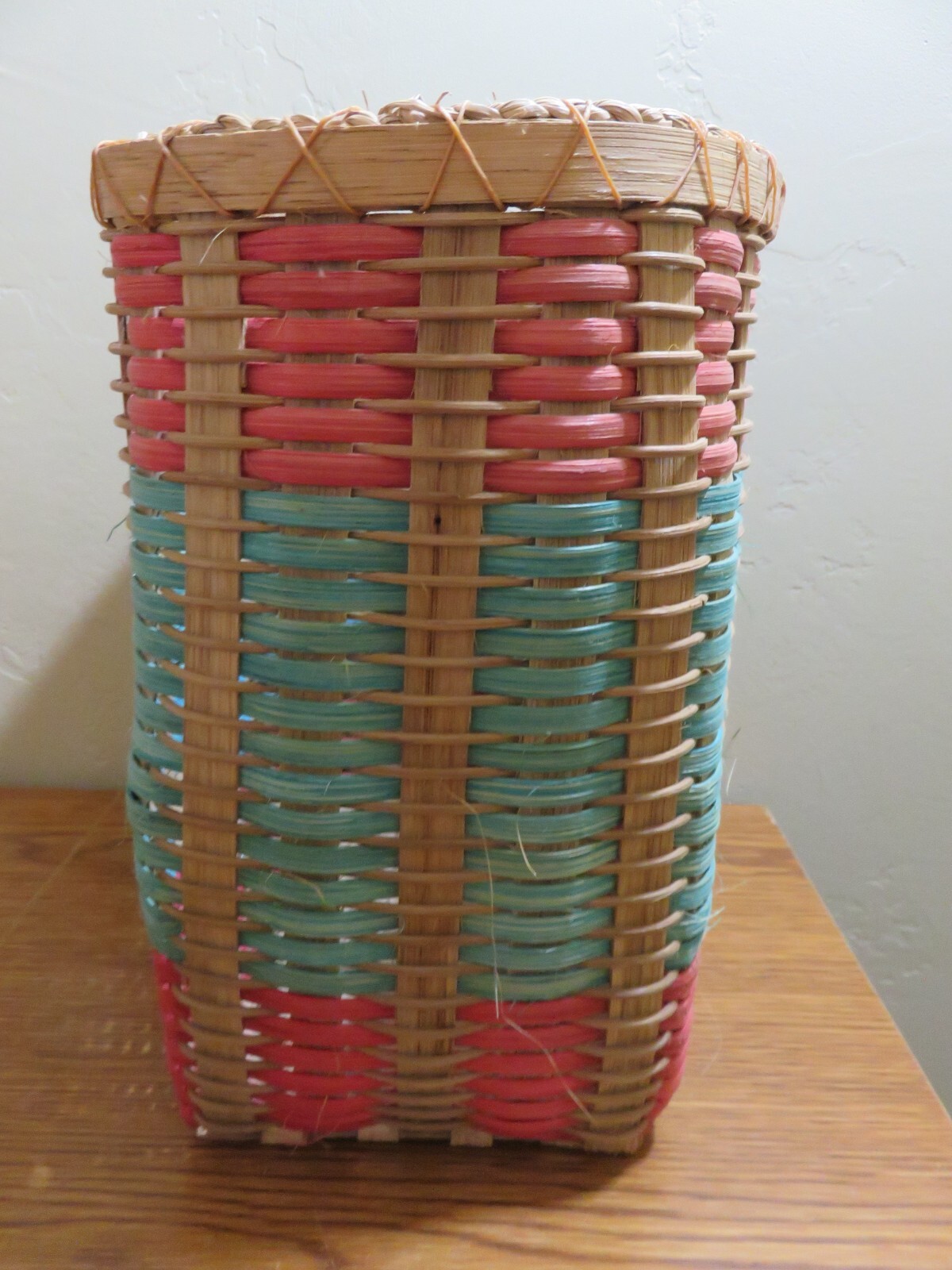 TALL WOVEN WOOD BASKET ORANGE BLUE ARTIST SIGNED 10 X8 X6"