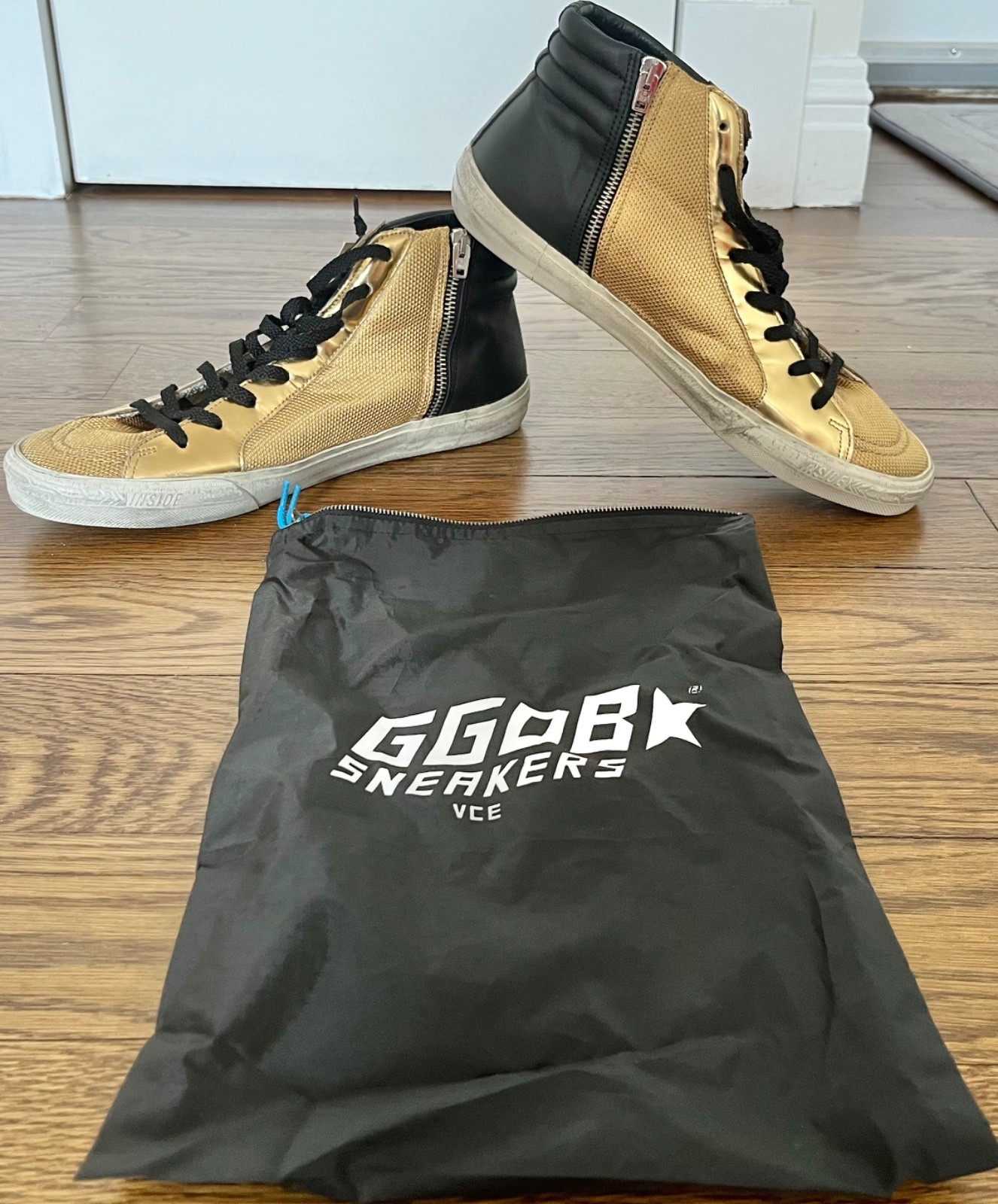 NWT GOLDEN GOOSE Men Slide Zip Gold/Black Leather Skate Sneakers US11/EU44 ITALY
