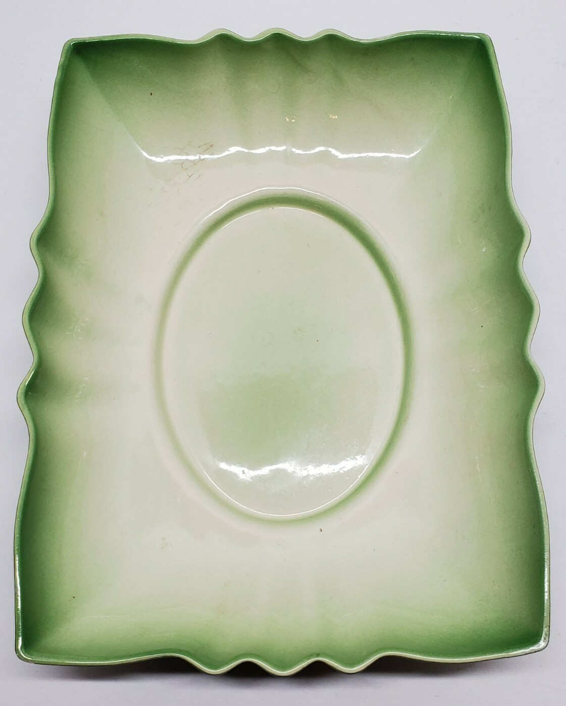 Vtg Retro Cucumber Green Scalloped Ceramic Flower Bulb Planter Dish Rectangular