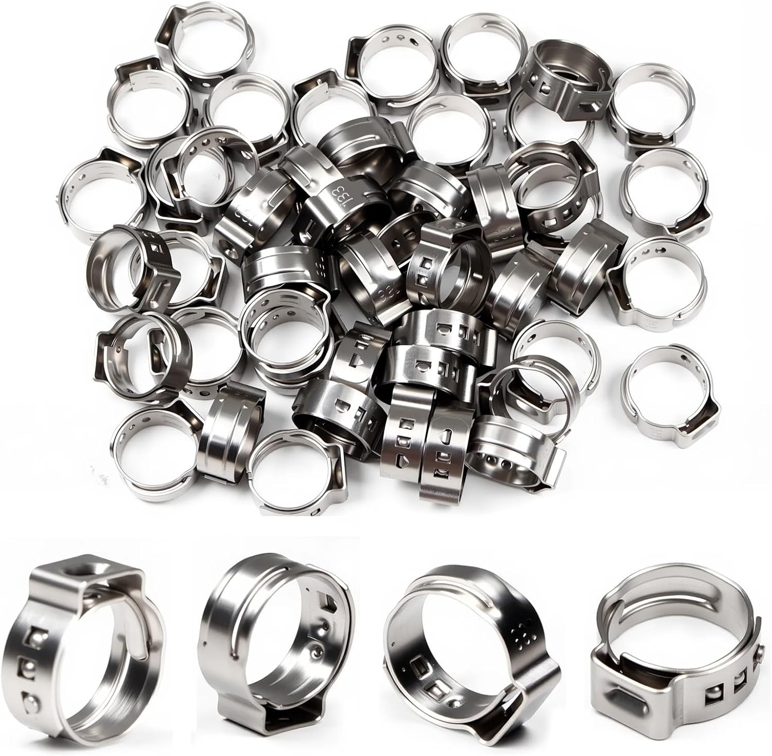 55Pcs Single Ear Hose Clamps 10.8mm-13.3mm 3/8" 304 Stainless Steel Hose Crim...