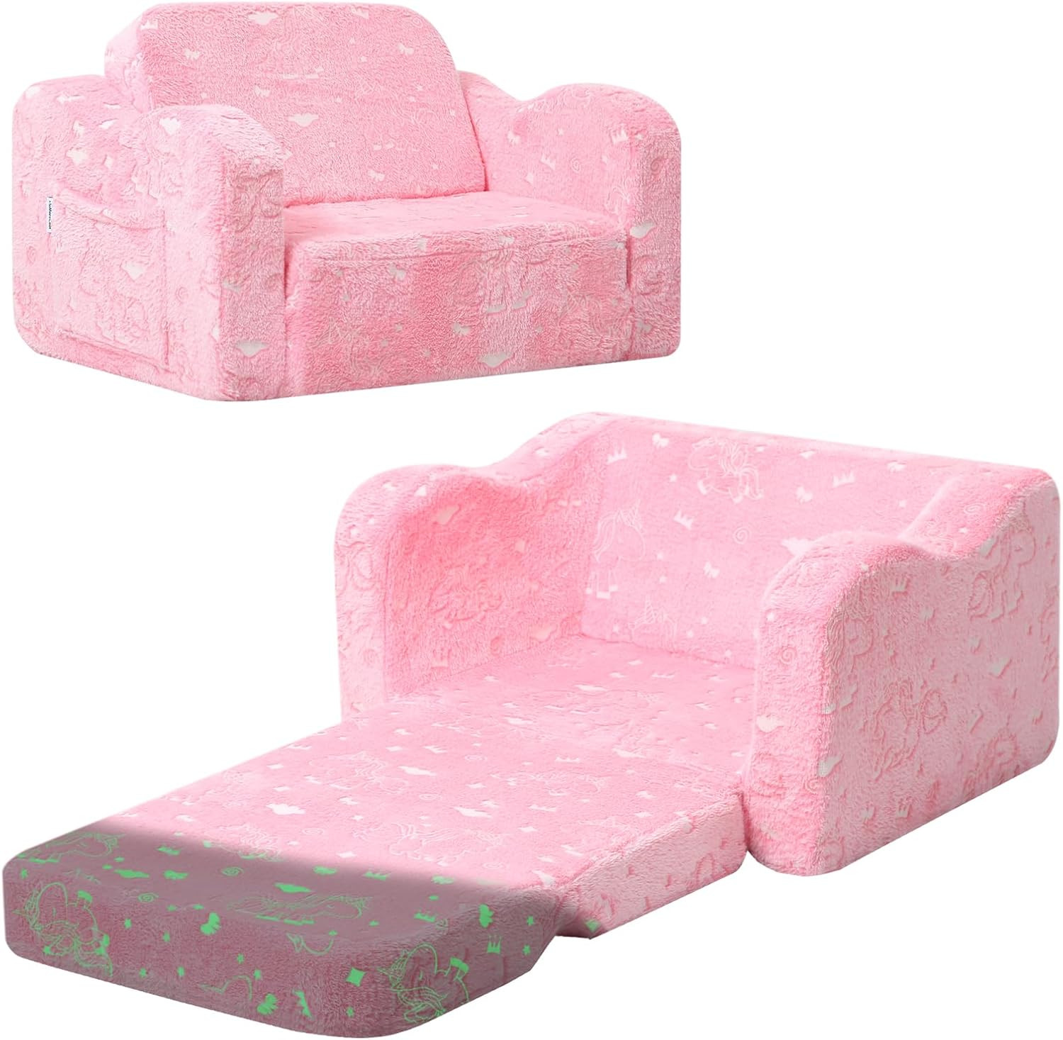 Memorecool Glowing Unicorn Kids Chair, 2-In-1 Glow in the Dark Kids Couch Fold O