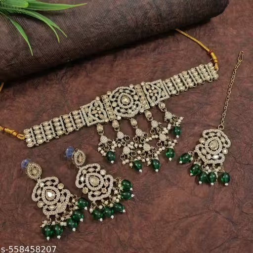 Indian Gold Plated Choker Bridal Wedding Crystals Jewelry Necklace Earrings Set