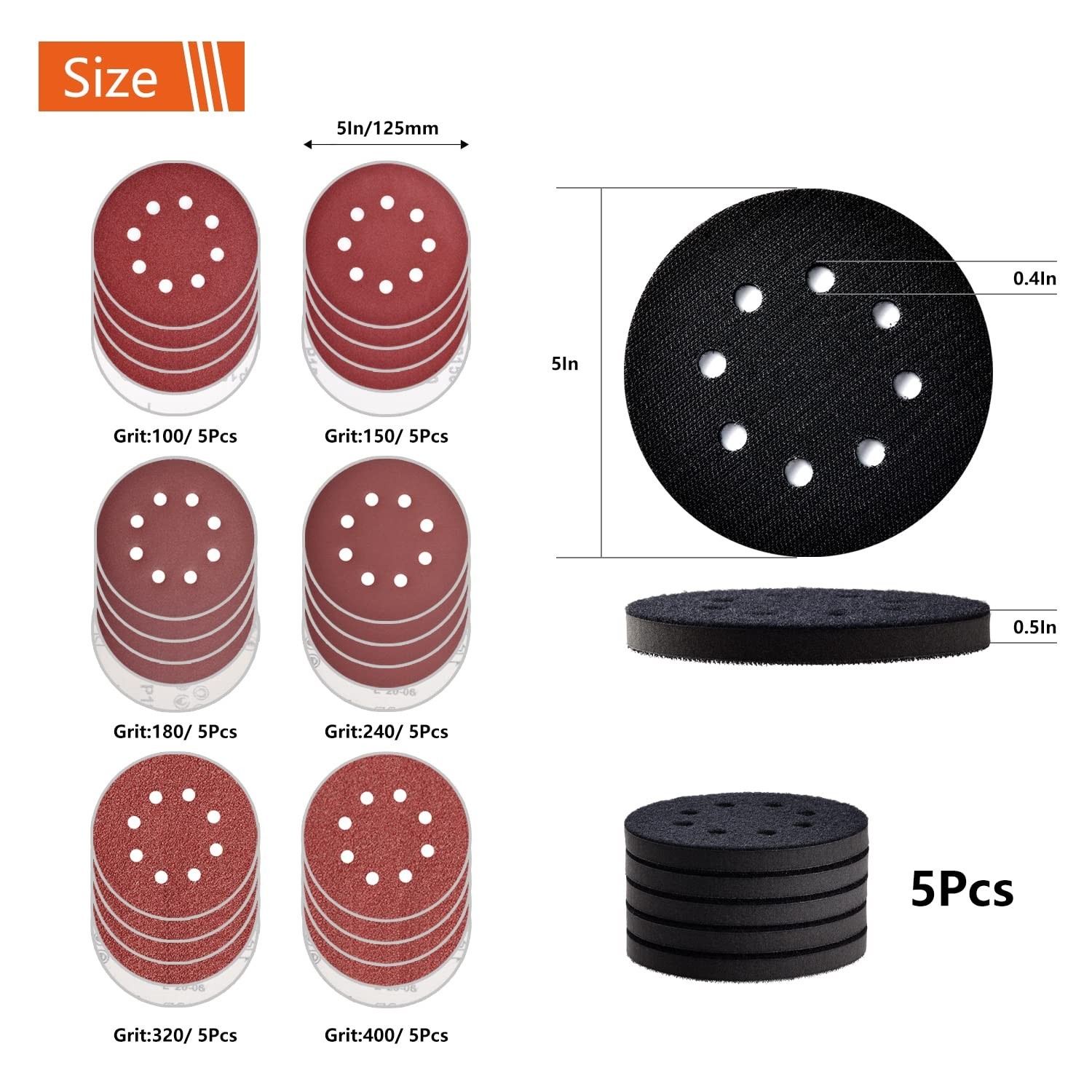 5 Pcs 5 inch 8 Holes Hook and Loop Backing Sponge Pad Soft Density Interface ...