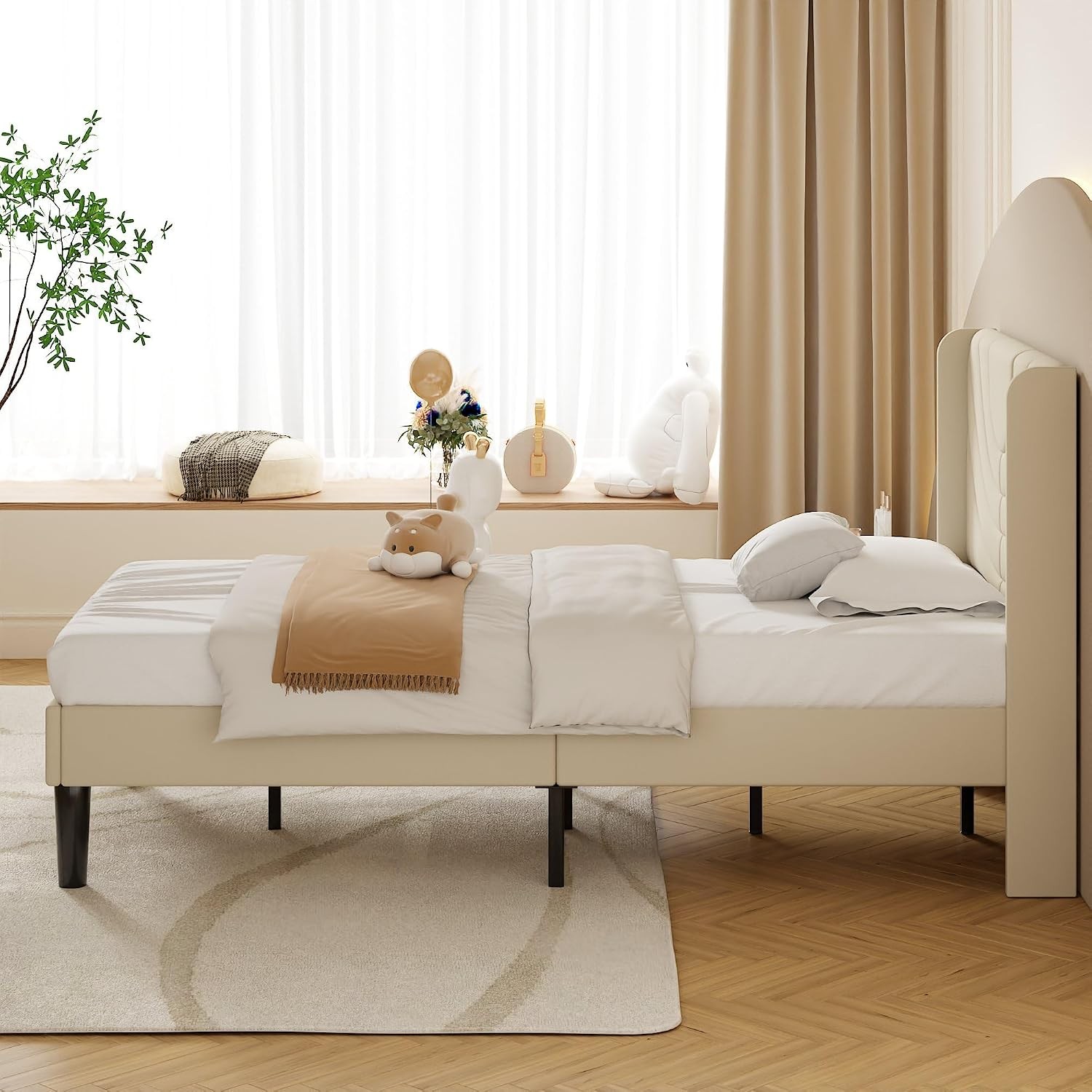 Twin Size Bed Frame Upholstered Platform with Wave Fabric Headboard/Wooden