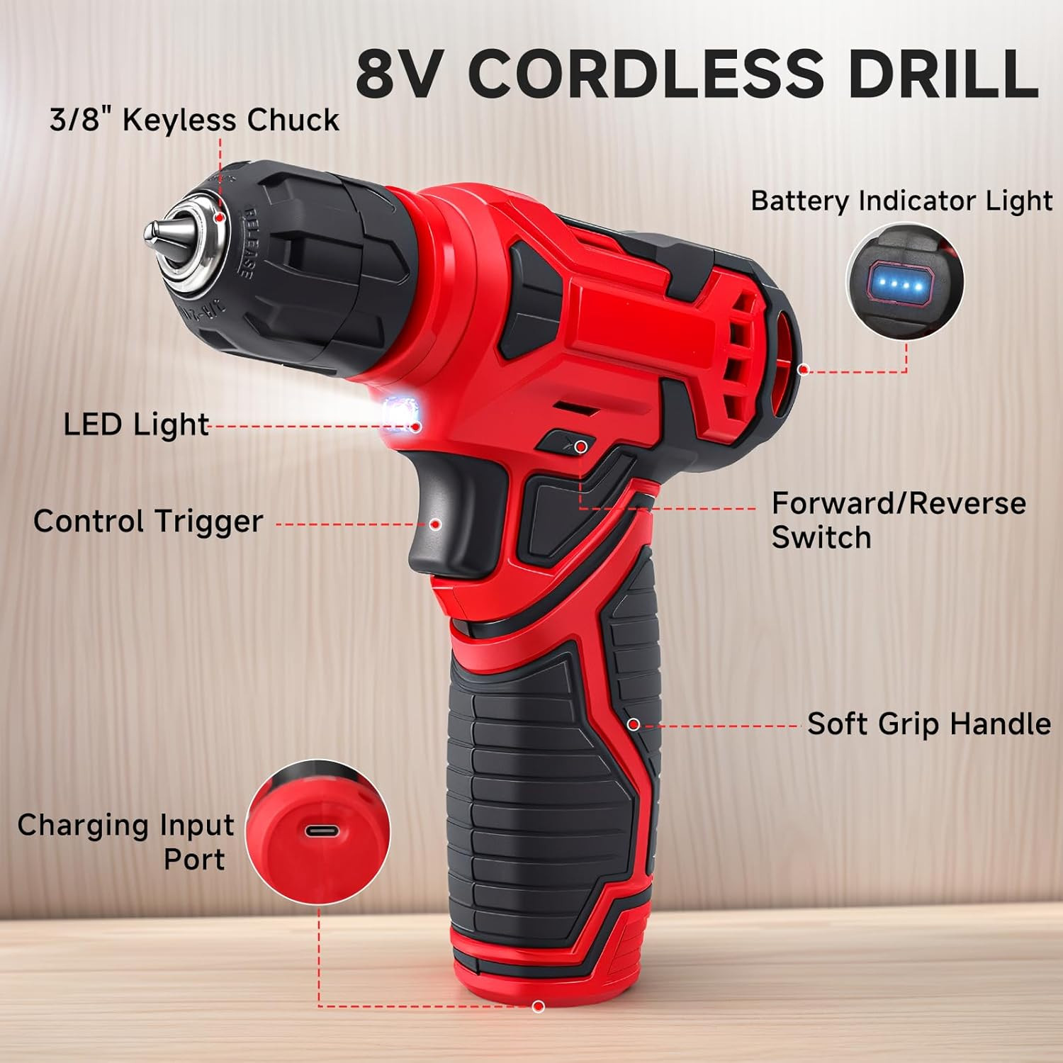 Tool Set - 8V Cordless Drill Set, 132 Piece Home Tool Set with Hand Drill, Tool