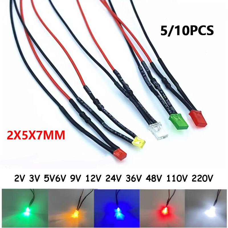 5/10 Pcs 2X5X7MM Rectangle LEDs Bulb Pre-Wired 20cm 2V 3V 6V 9V 12V~220V 5 Color